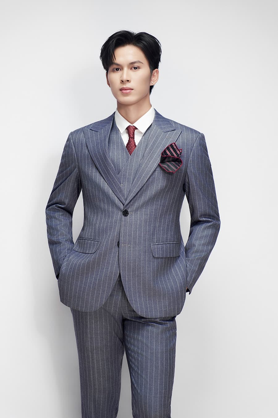 Bộ Vest Xám Xanh Navy Sọc 1