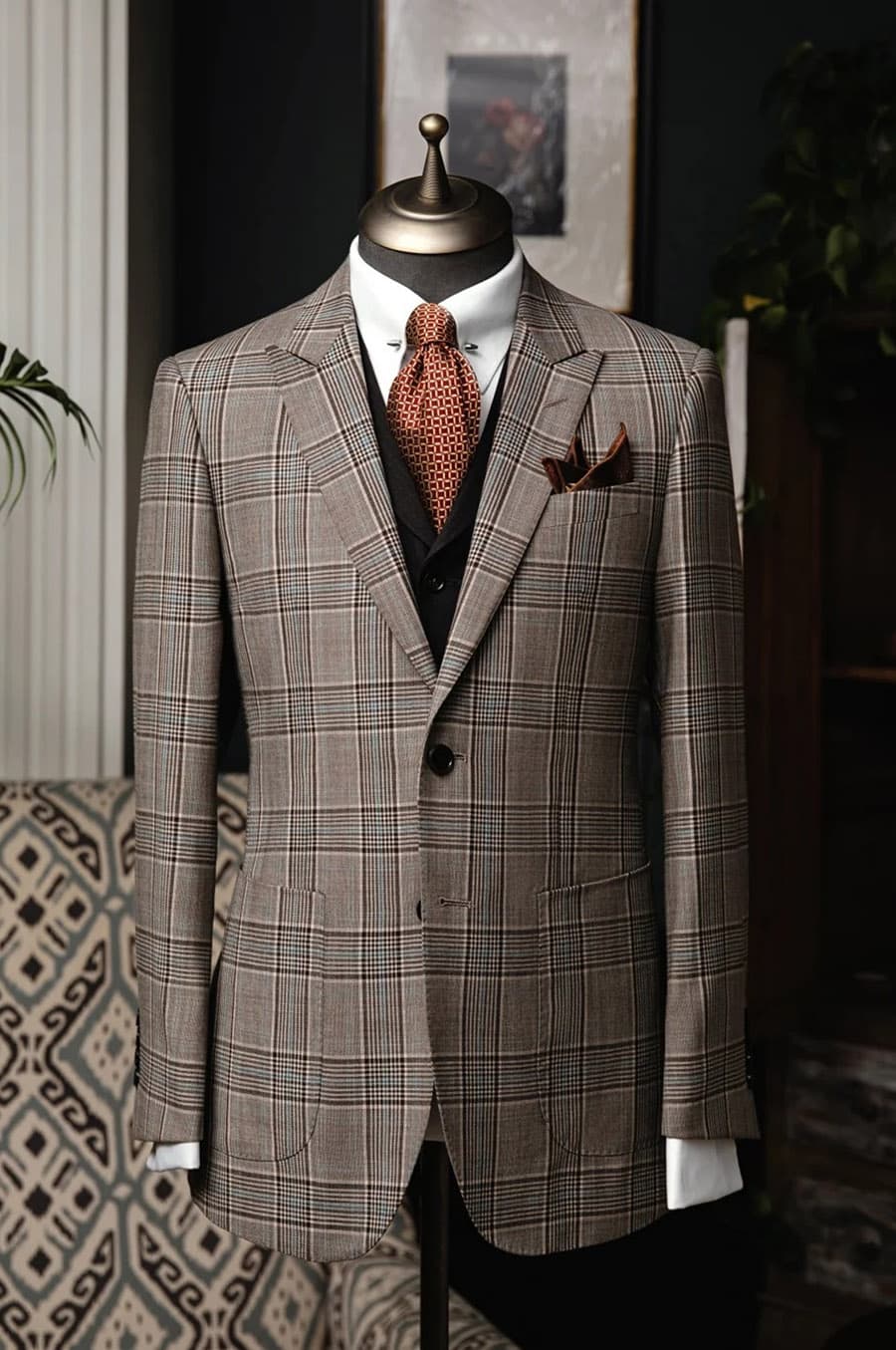 Bộ Vest Caro Nâu Ánh Lam 1