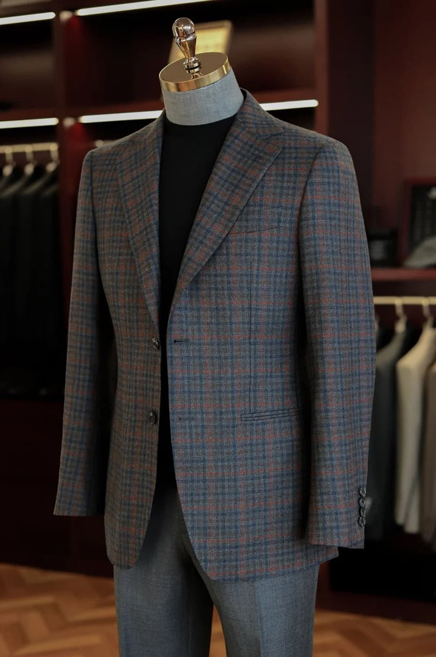 Bộ Vest Caro Xanh Phối Đỏ 2